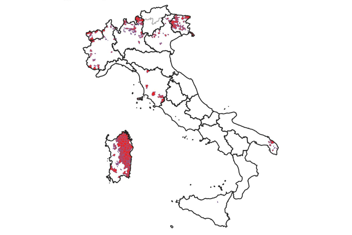 Carta dell'Italia con individuazione delle aree prioritarie per il rischio Radon.