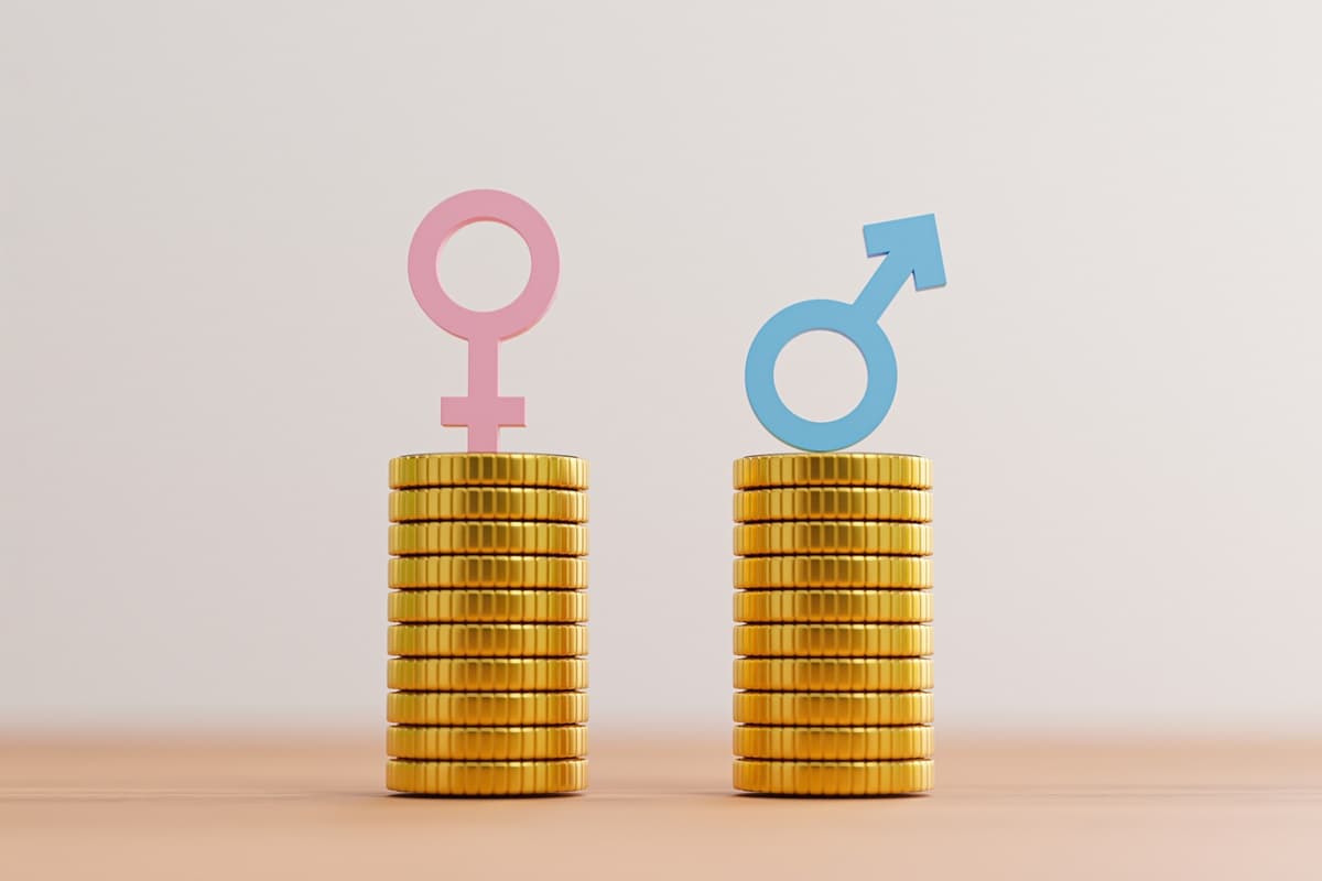 I simboli di maschile e femminile sopra due pile di monete come simbolo dell'equità salariale.
