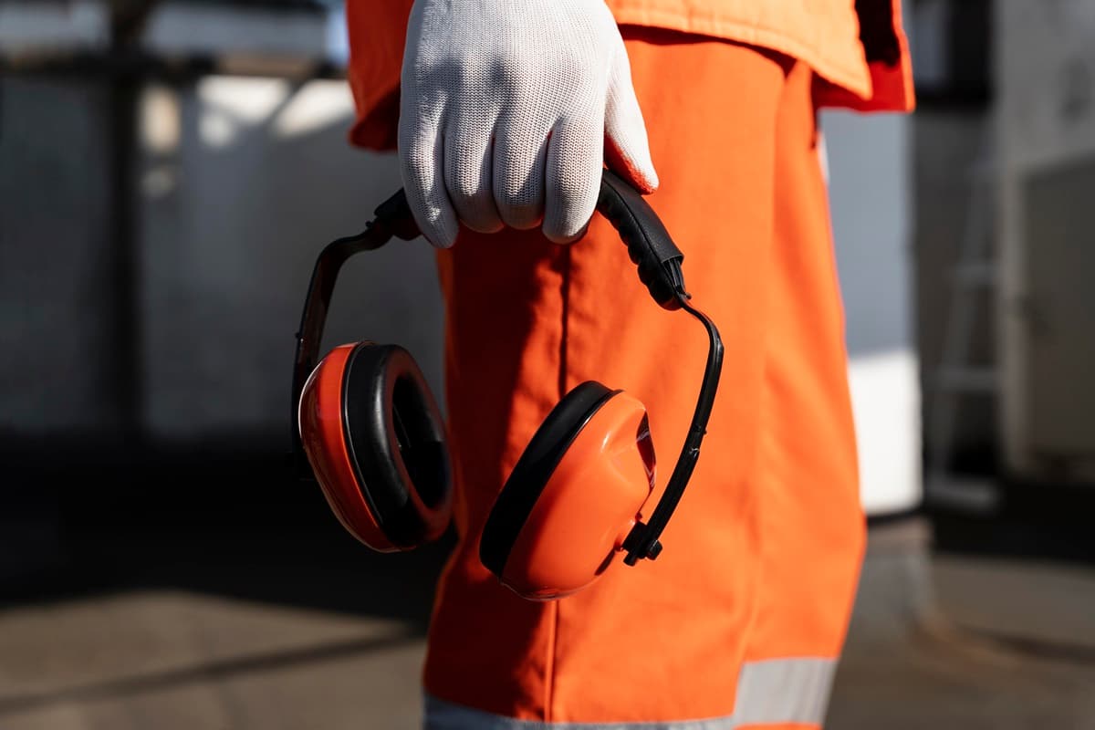 Primo piano di una mano coperta da un guanto da lavoro bianco e che tiene una cuffia per la protezione dell'udito.