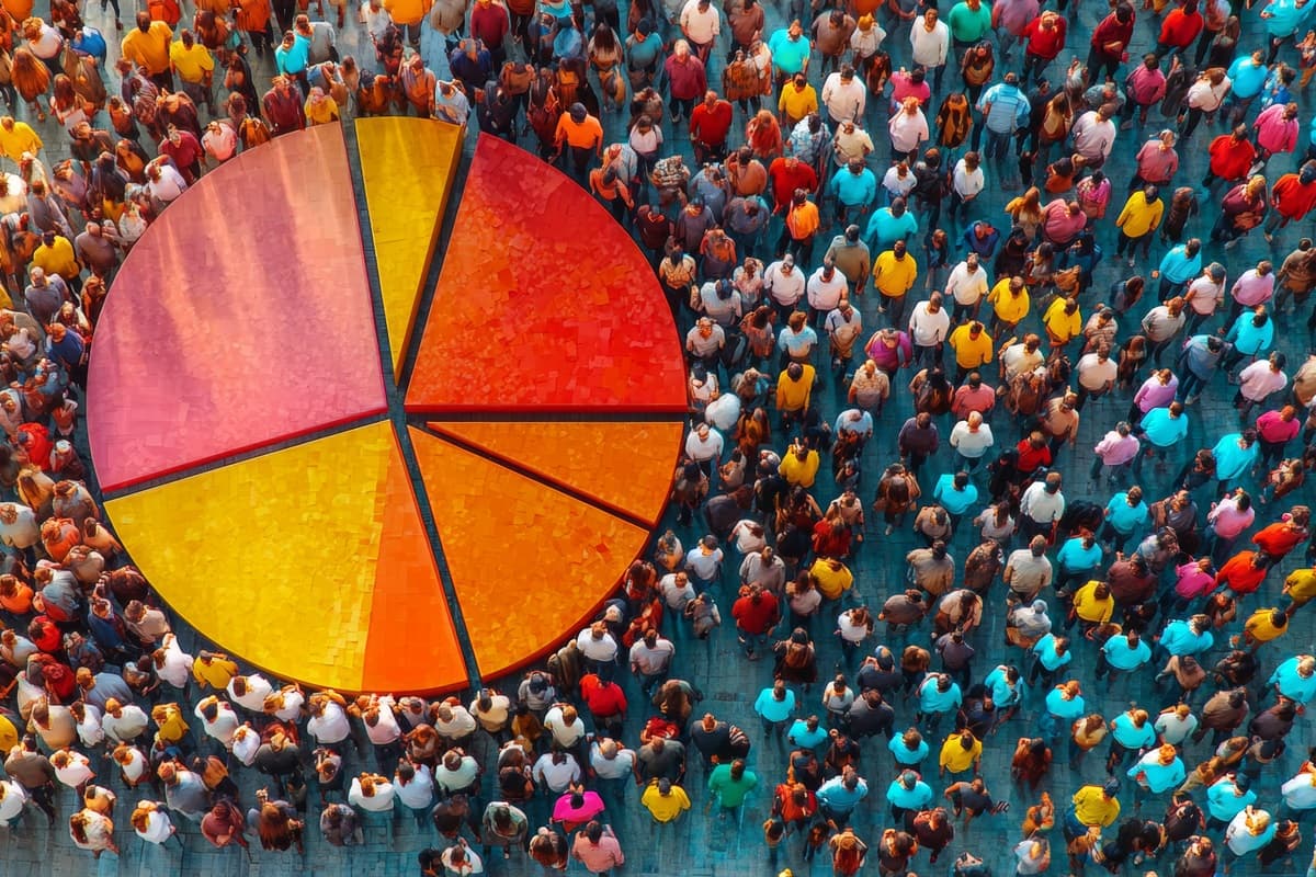 Un'immagine dall'alto con una moltitudine di persone che indossano abiti di diversi colori. Quegli stessi colori compongono le fette di un grafico a torta. L'immagine rappresenta le dinamiche demografiche.